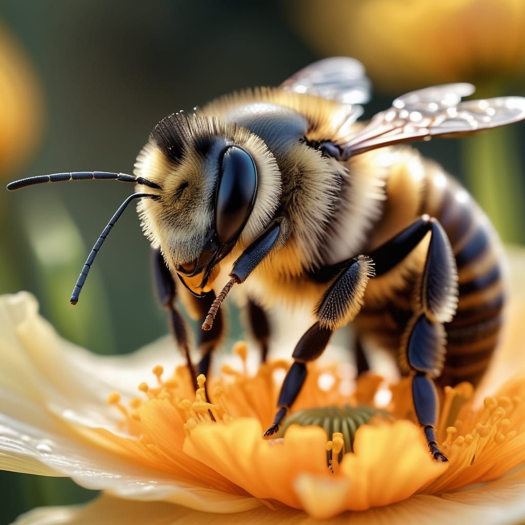 Vibrant Bee Drinks from Delicate Flower in Soft Focus