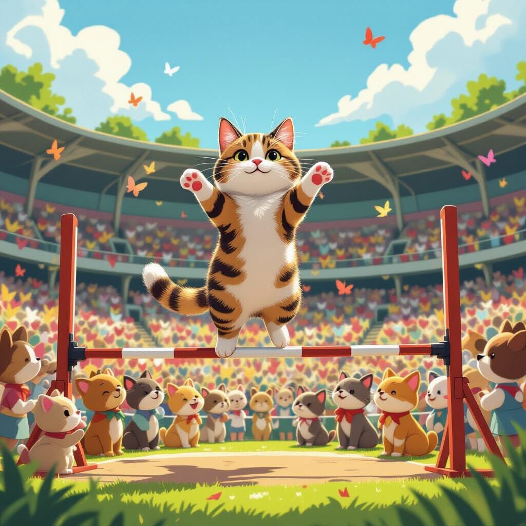 Cat High Jump in Whimsical Beatrix Potter Style