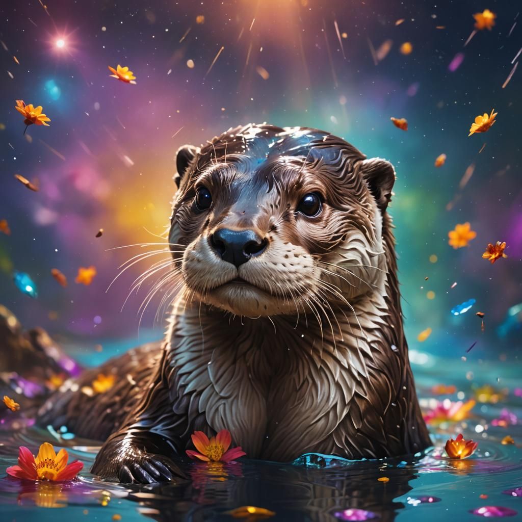 Otter Astronaut in Sparkling Cosmos: Hyperrealistic Splash A...