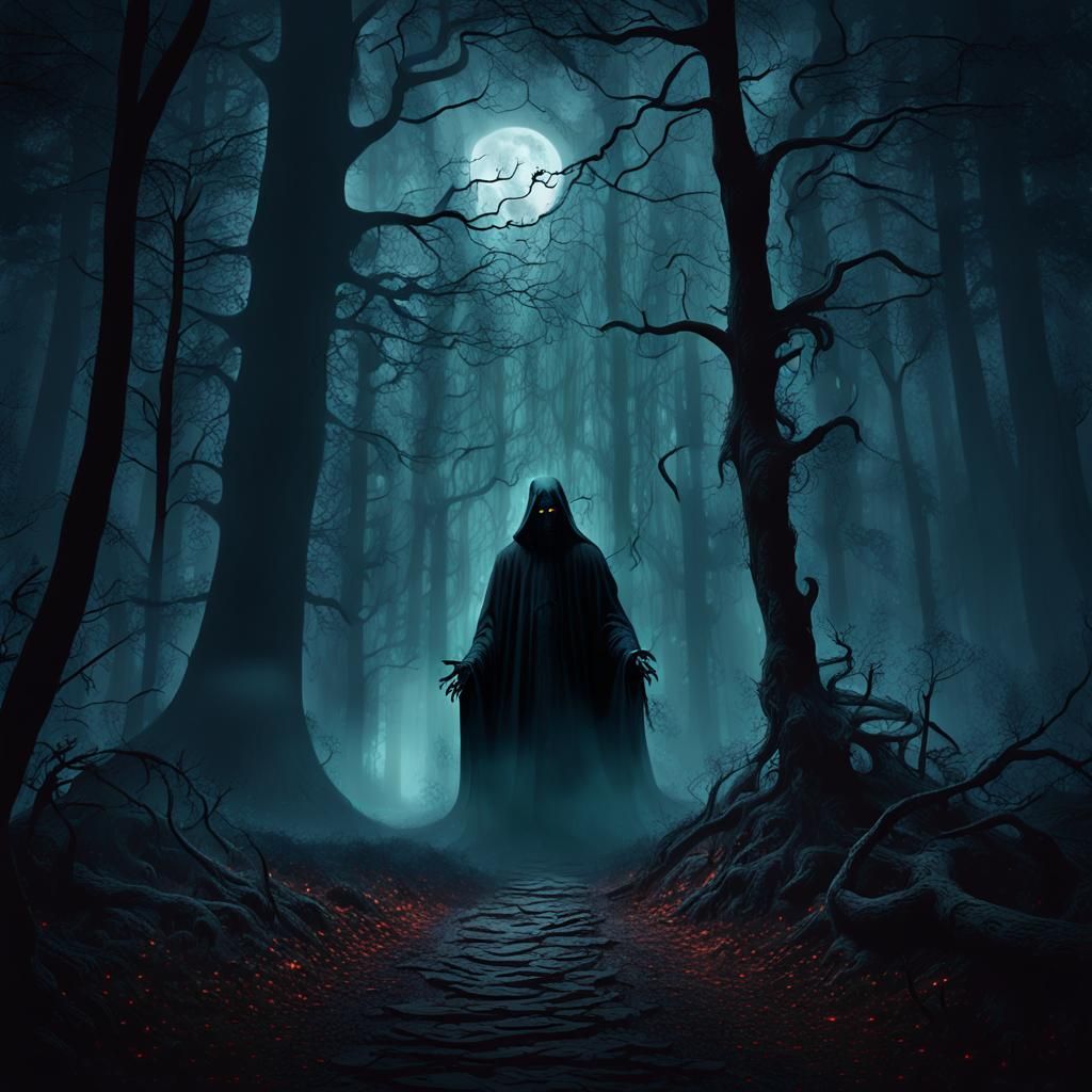 Menacing Forest at Night: Gothic Horror Digital Art