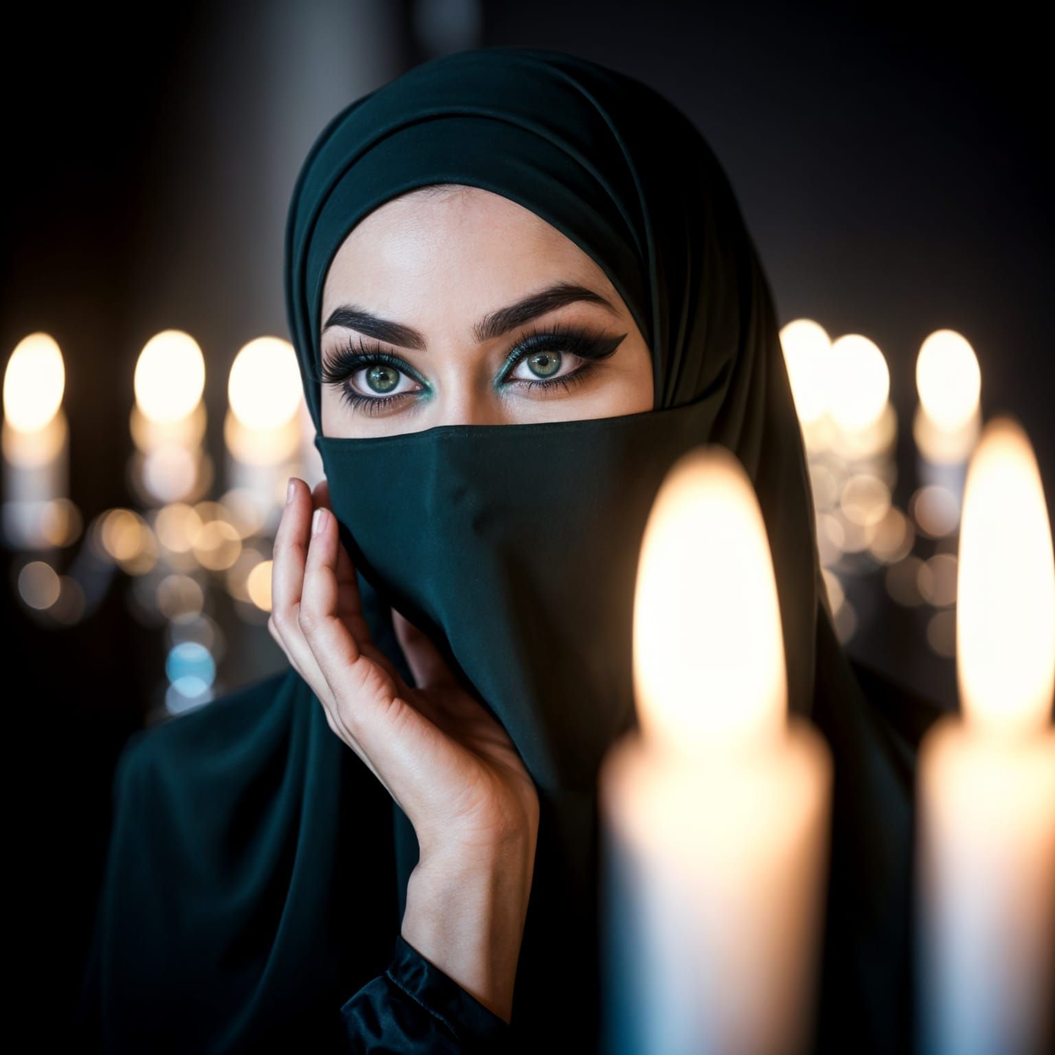 Elegant Woman in Dark Green Niqab Illuminated by Candlelight