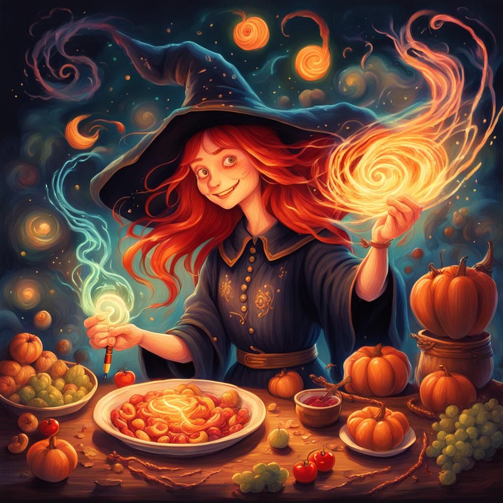 Whimsical Witch Draws Food with Magic Pen