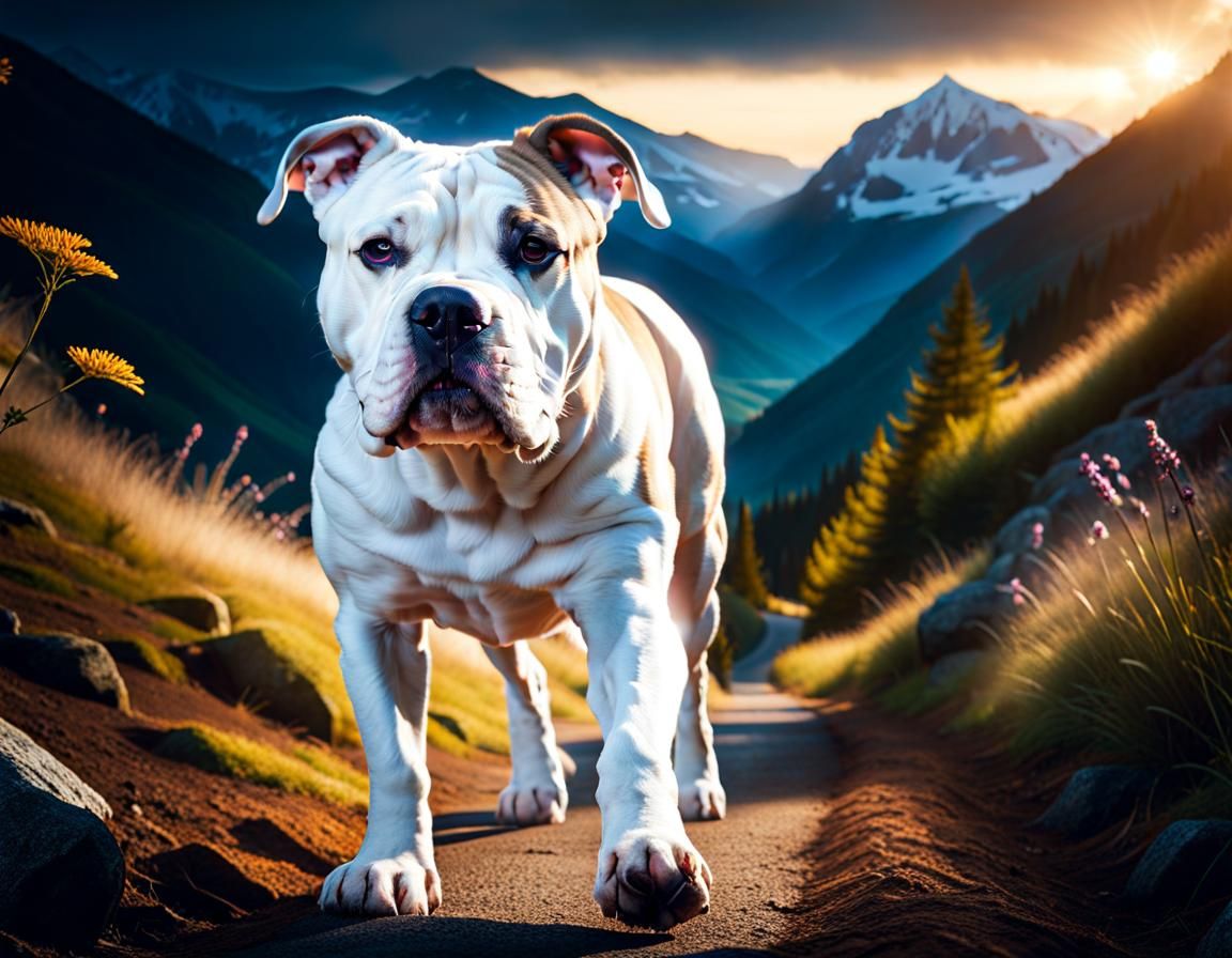 Athletic American Bulldog on Mountain Path in Photorealism