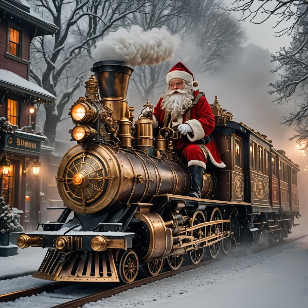 Santa Drives Steampunk Christmas Train in Winter Wonderland