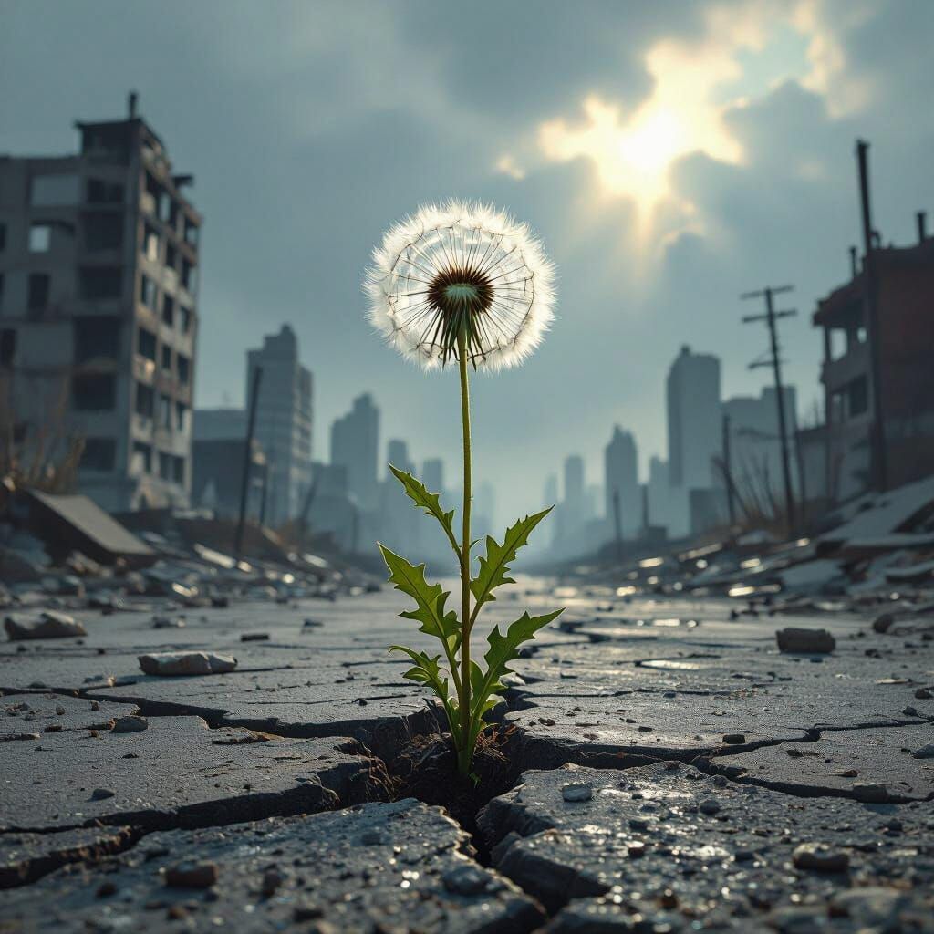 Dandelion of Hope in Post-Apocalyptic Cityscape