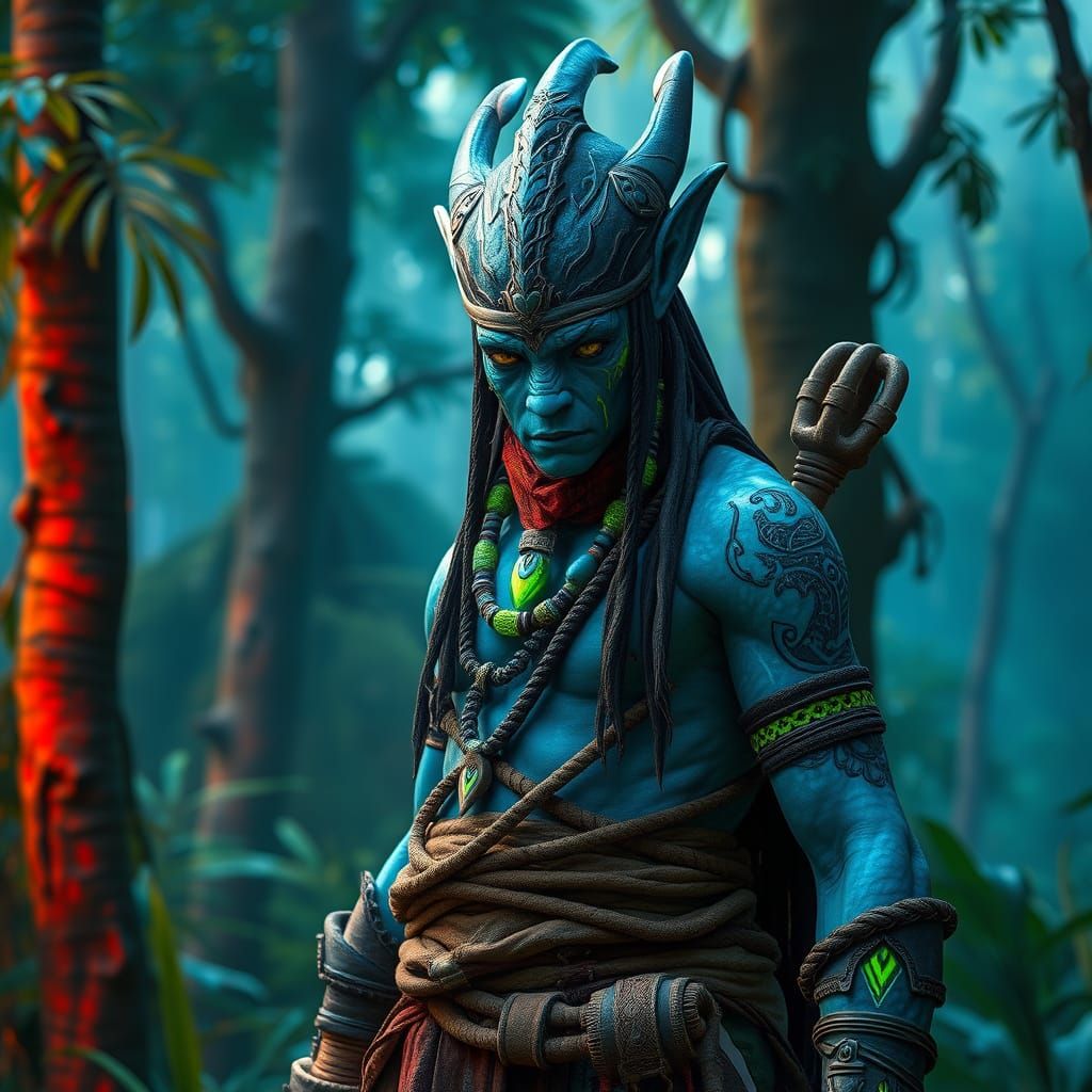 Na'vi Warrior in Pandora Forest, Painterly Style