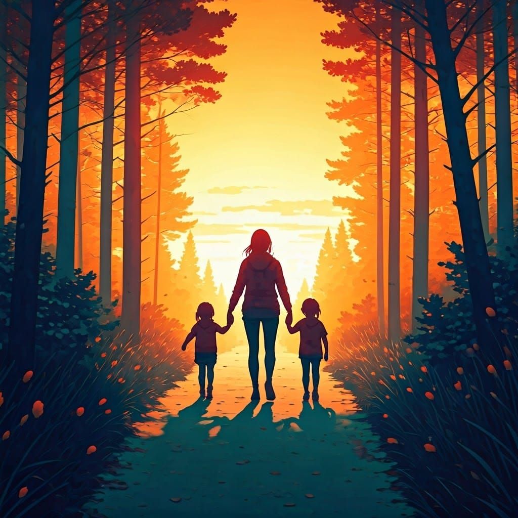 Watercolor Silhouette: Mother and Children at Sunset