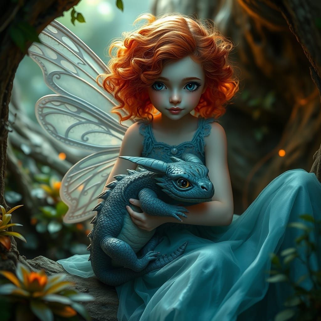 Fairy and Dragon in Enchanted Forest Cave