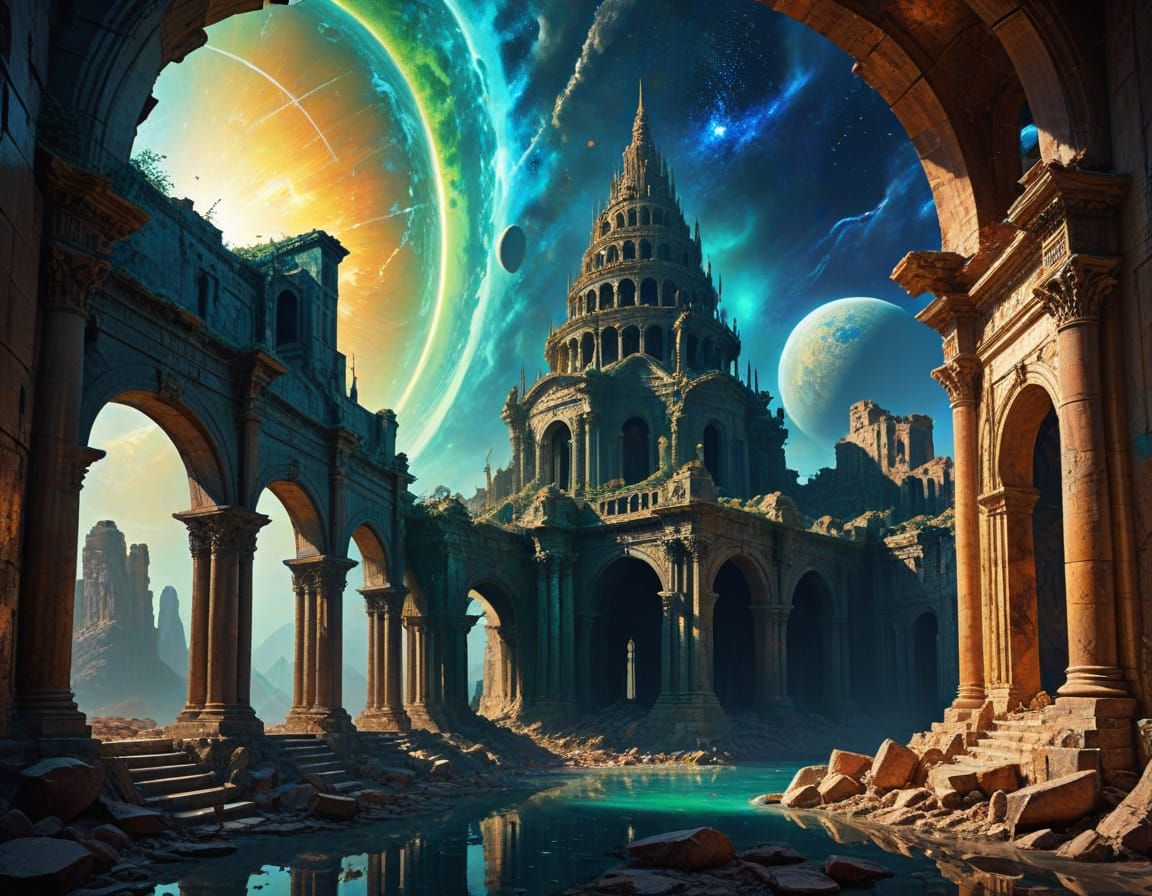 Glamorous Woman in Celestial Ruins, in the Style of Retrofut...