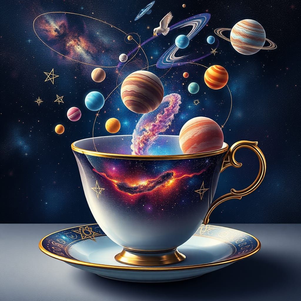 Cosmic Galaxy Overflowing from Teacup, Detailed Illustration