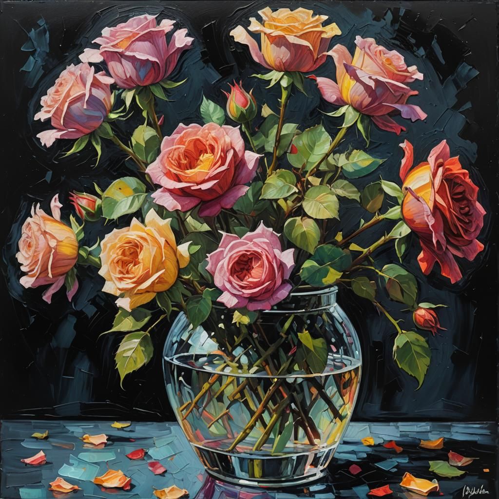 A glass vase with roses, some of which are somewhat wilted and about to lose their petals. All on a black background neo...