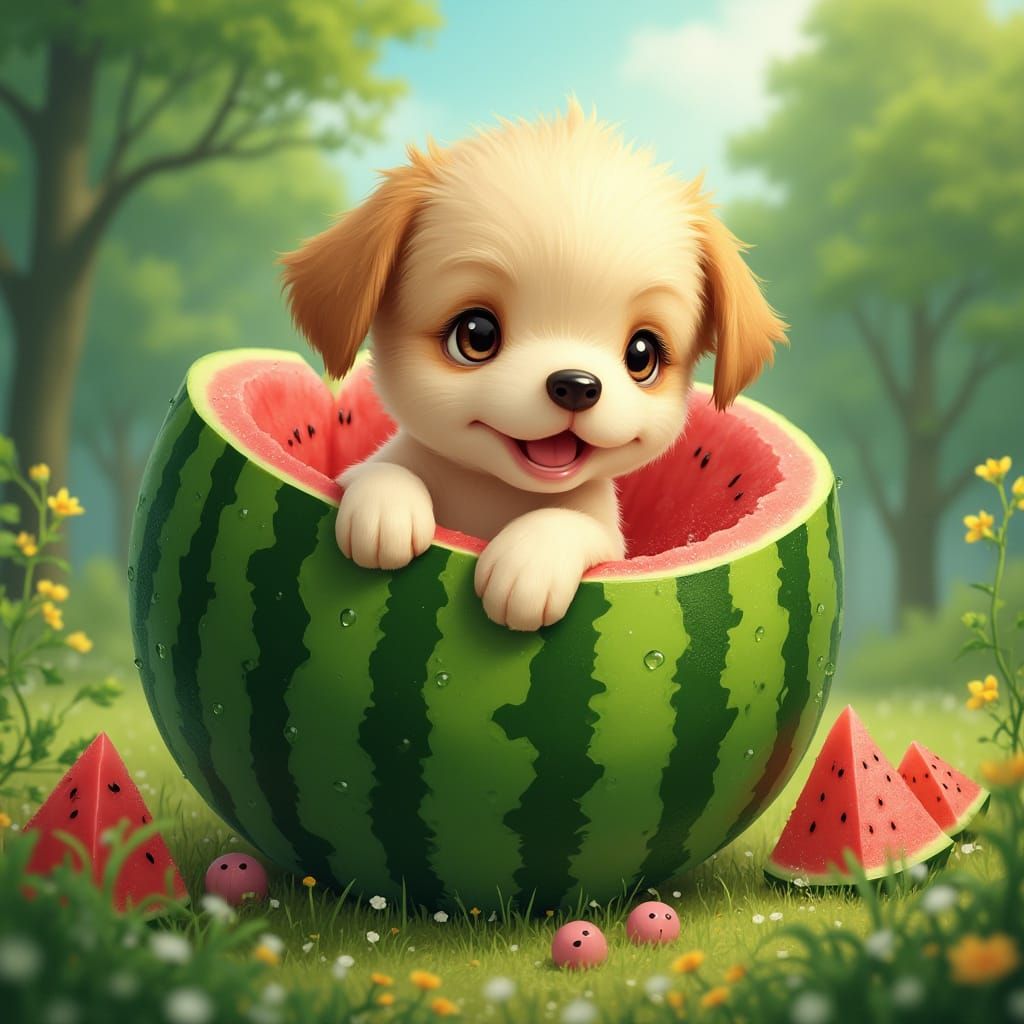 Magical Watermelon Puppy Emerges in Whimsical Realism