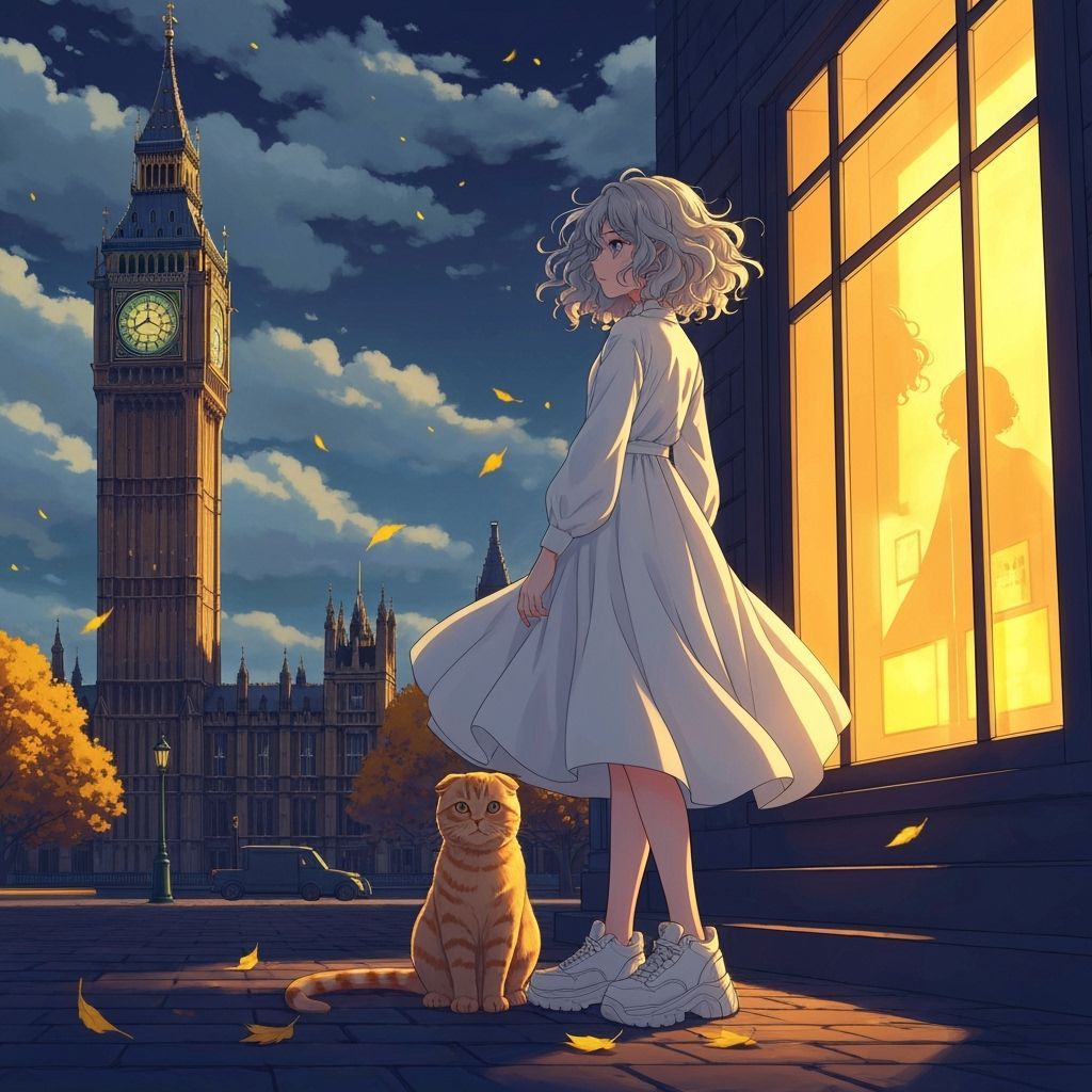 Anime Illustration: Woman and Cat in London