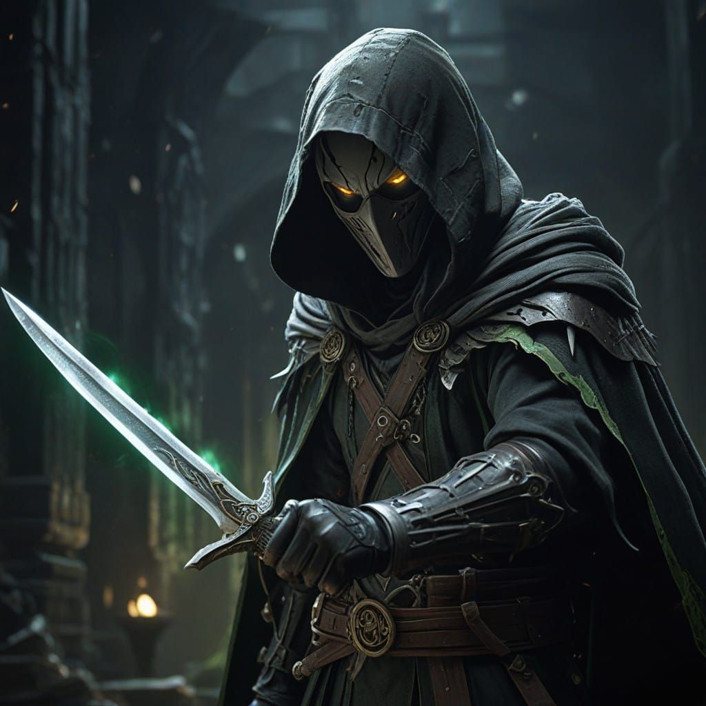 Dark Fantasy Assassin in Creeping Horror Scene