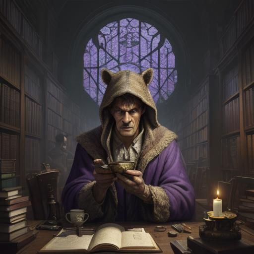 Badger Librarian in Overfilled Library, Dark Fantasy Art
