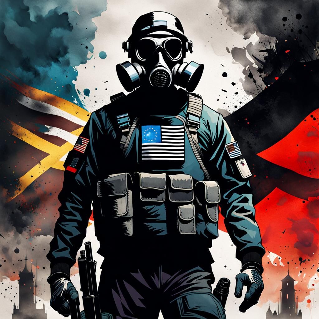 Soldier in Gas Mask with German Flag, Watercolor Style