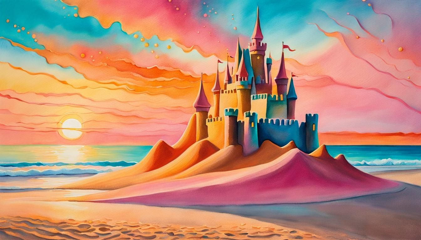 Sunset Sandcastle: A Surrealist Watercolor Dream