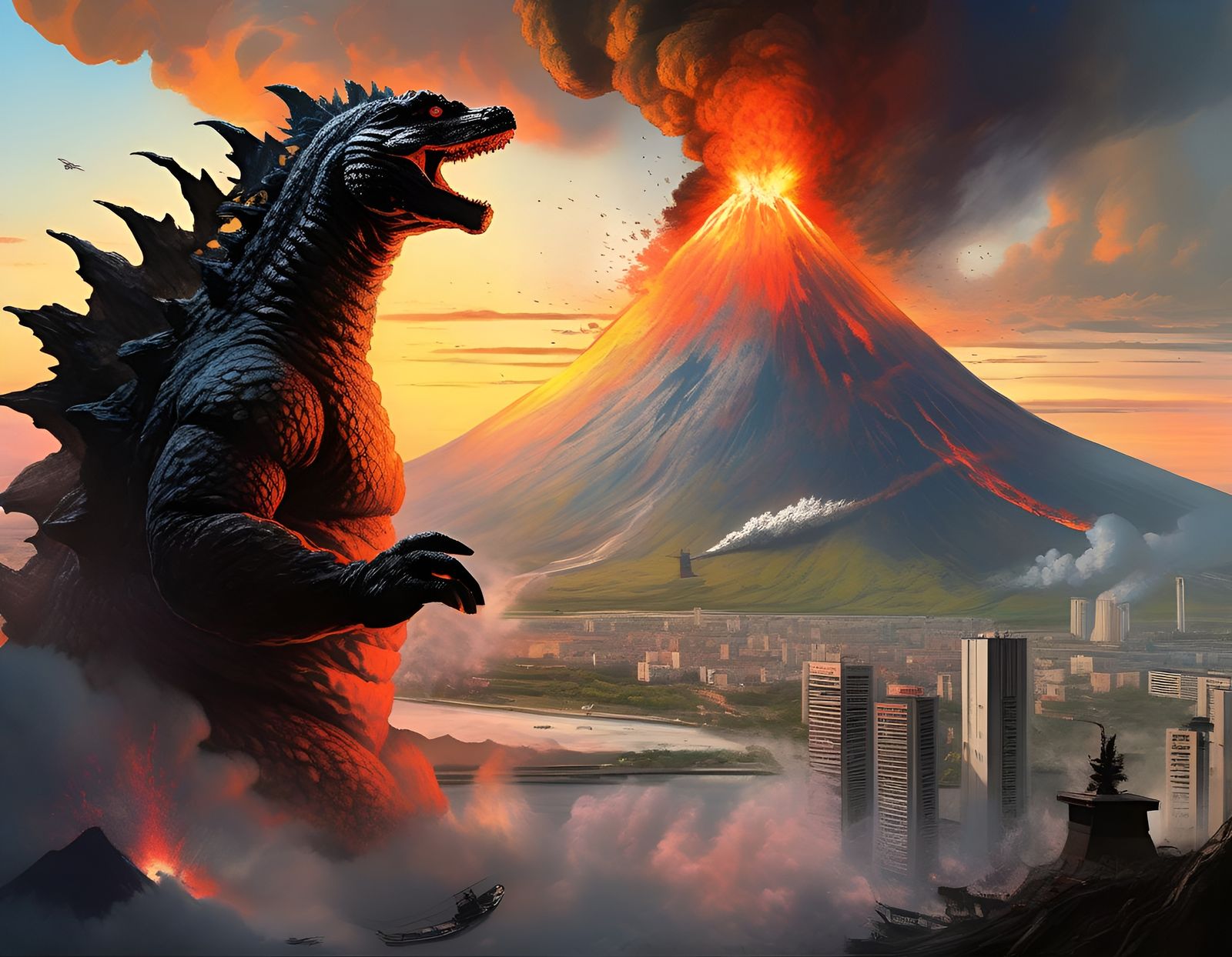 Godzilla in Kimono with Volcano, Surreal Art