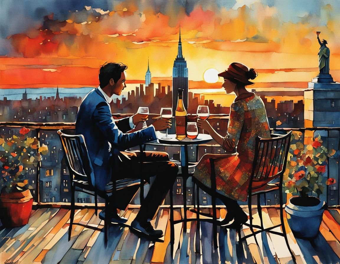 Romantic Rooftop Sunset Toast, Whimsical Illustration