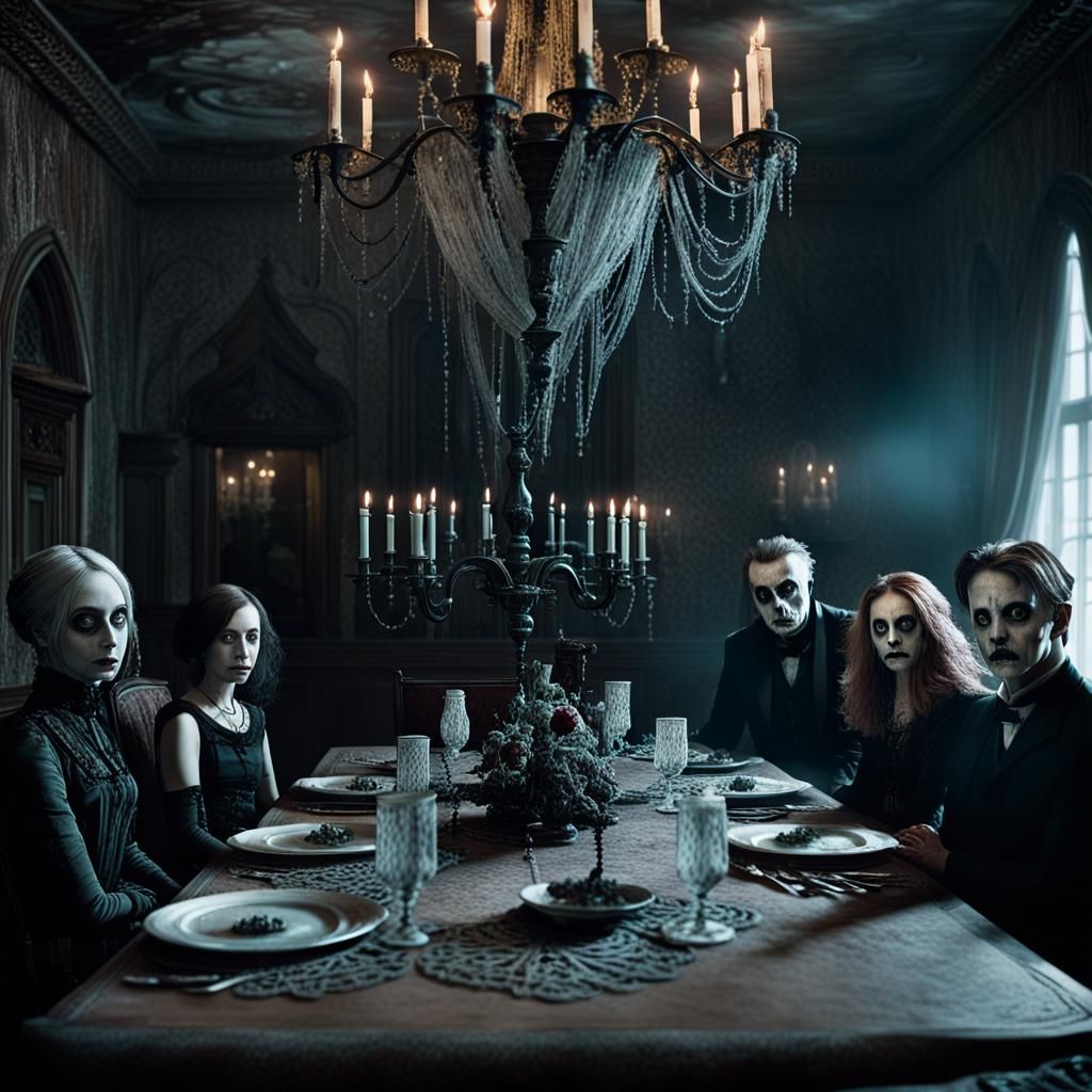 Gothic Horror Family Feast in Dark Surrealism
