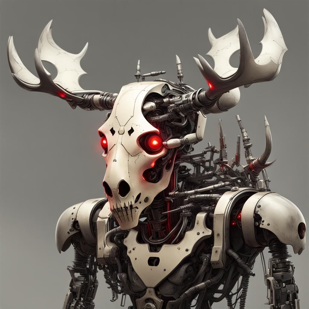 Sinister Deer Skull Robot with Glowing Eyes
