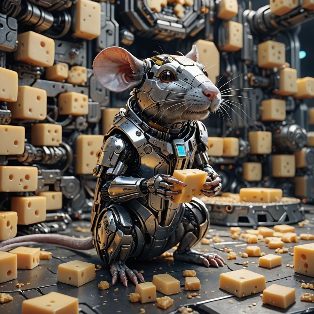Cyborg rat sitting up nibbling on cheese intricate mech deta...