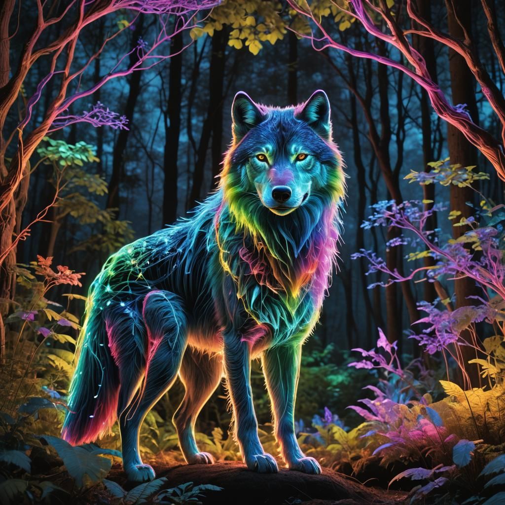Bioluminescent Forest: Rainbow Wolf Made of Fiber Optics