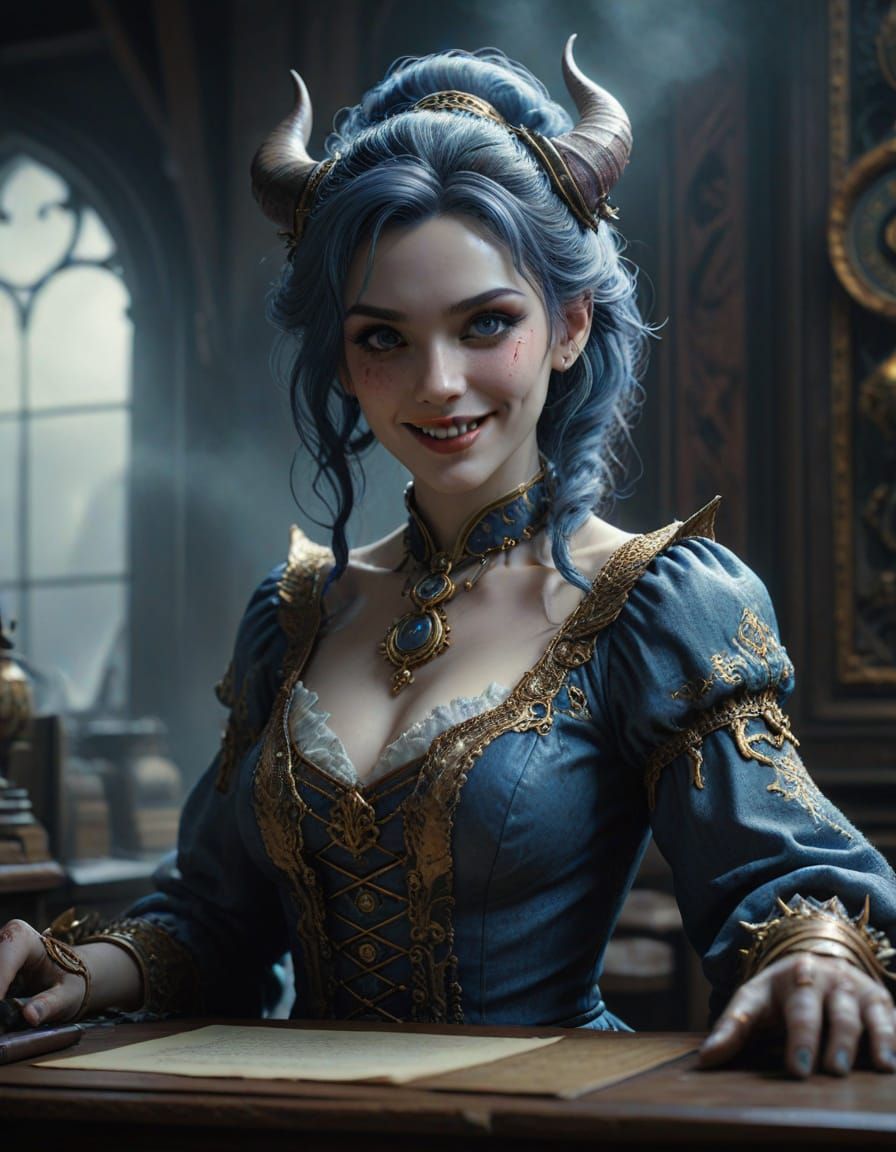 Kawaii Demon Oni Receptionist in Detailed Fantasy Art