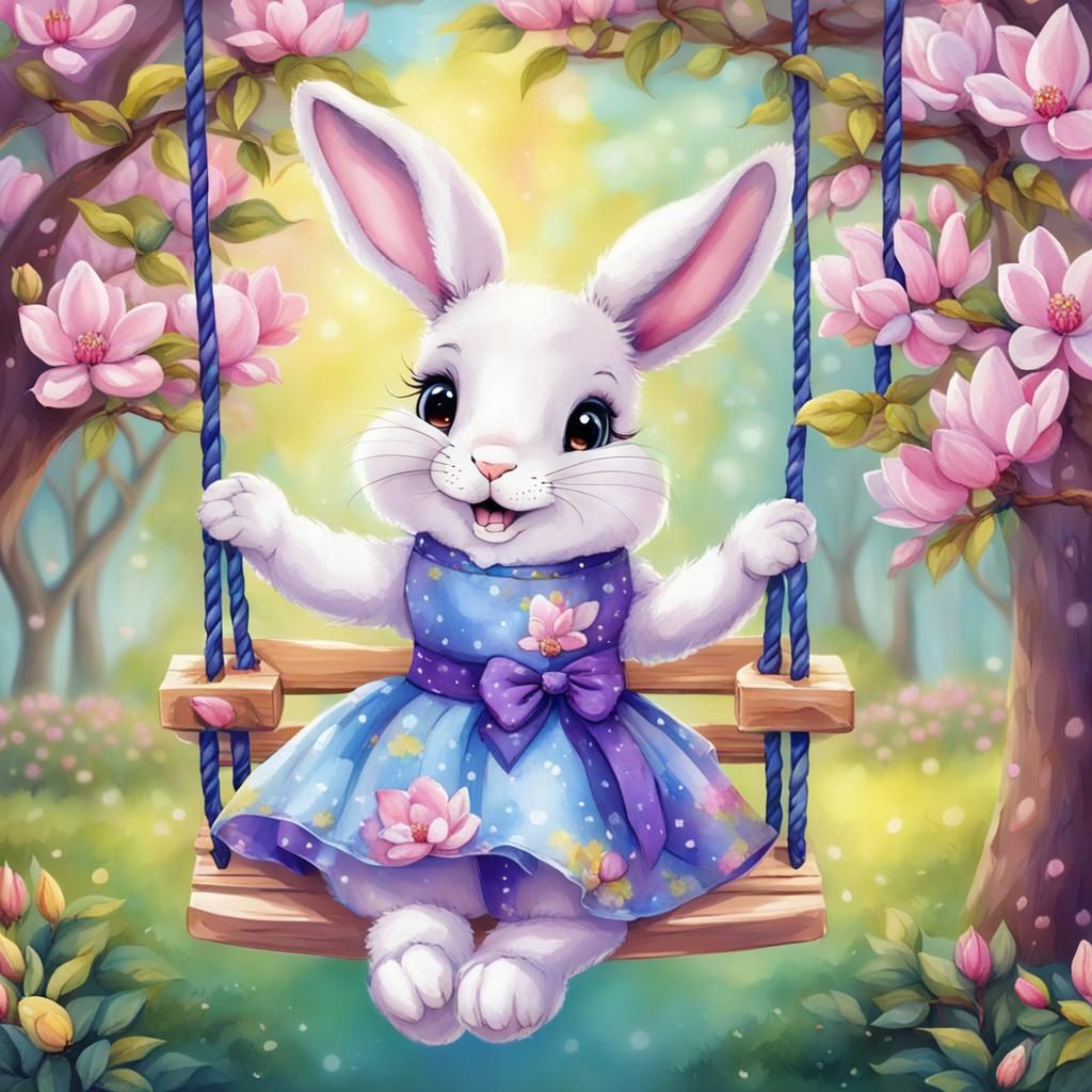 Cute Bunny on a Swing in a Colorful Garden