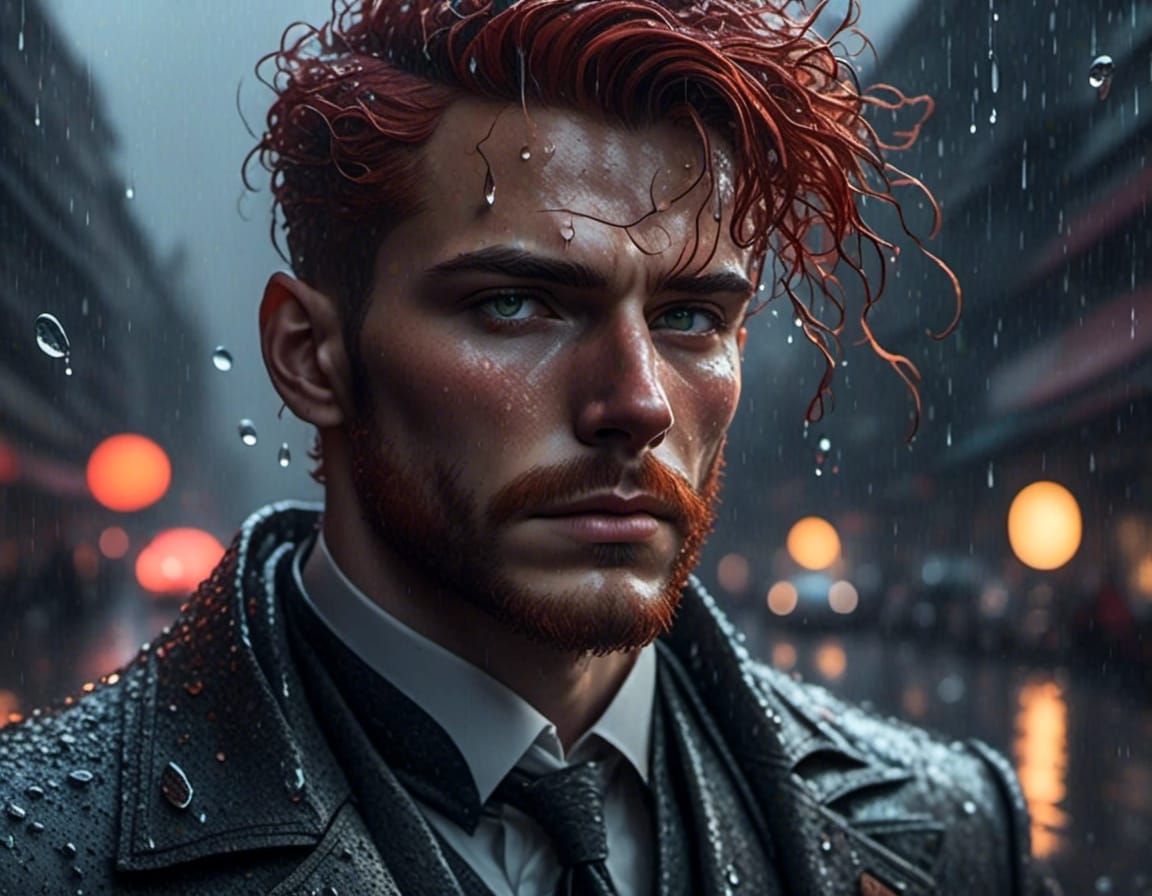 Man in Rainy City Street: Anime-Realism