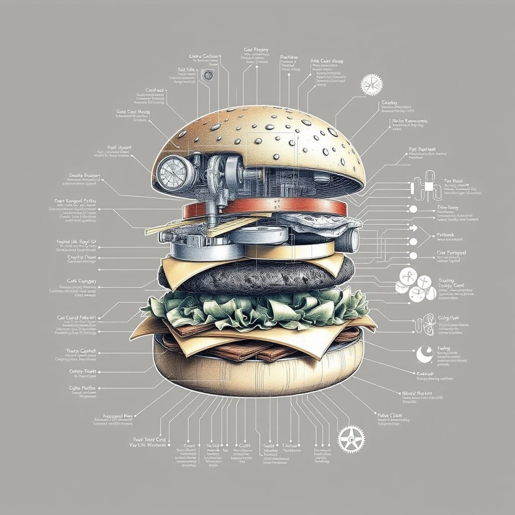 Hyper-Detailed Exploded Hamburger Schematic in 8K