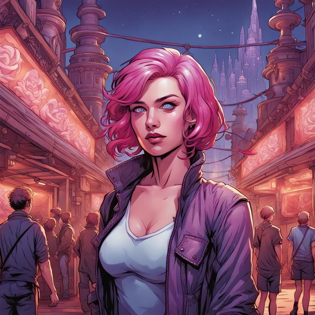 Pink-Haired Woman in Theme Park, Comic Book Art