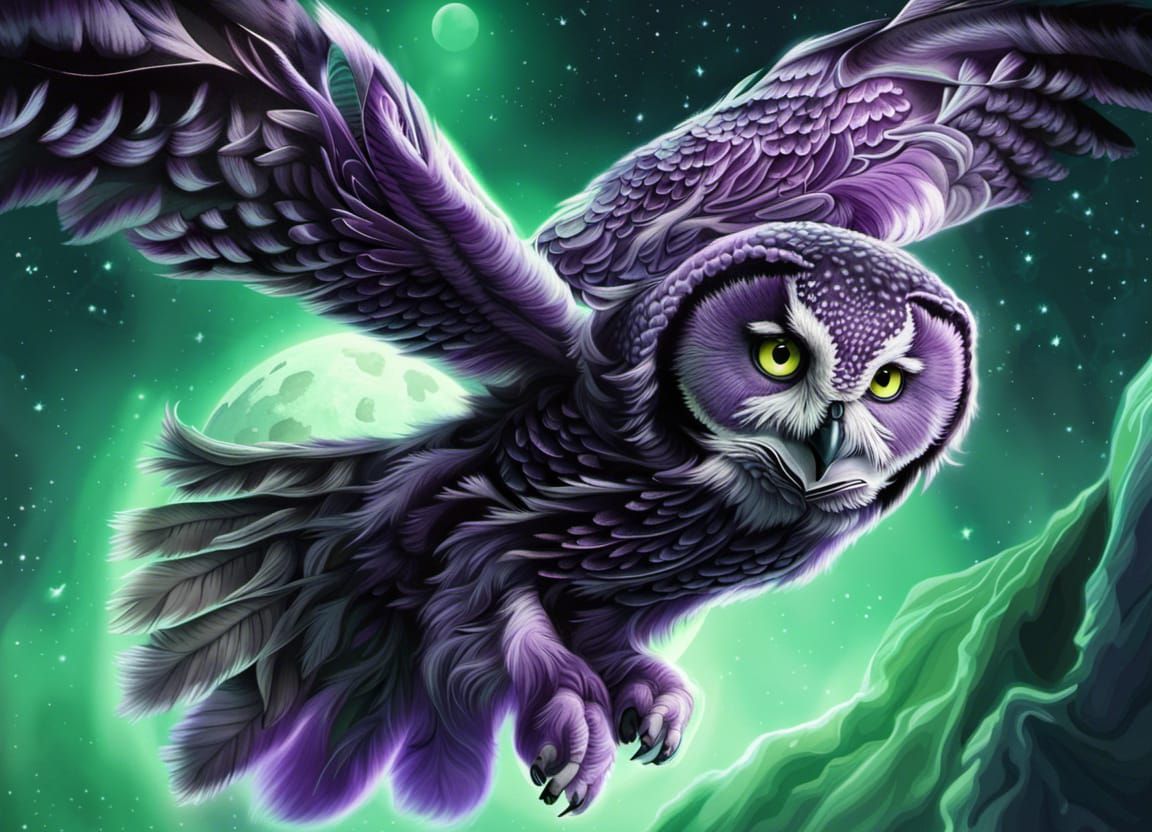 Purple Astrophysical Owl Swooping in Moonlight