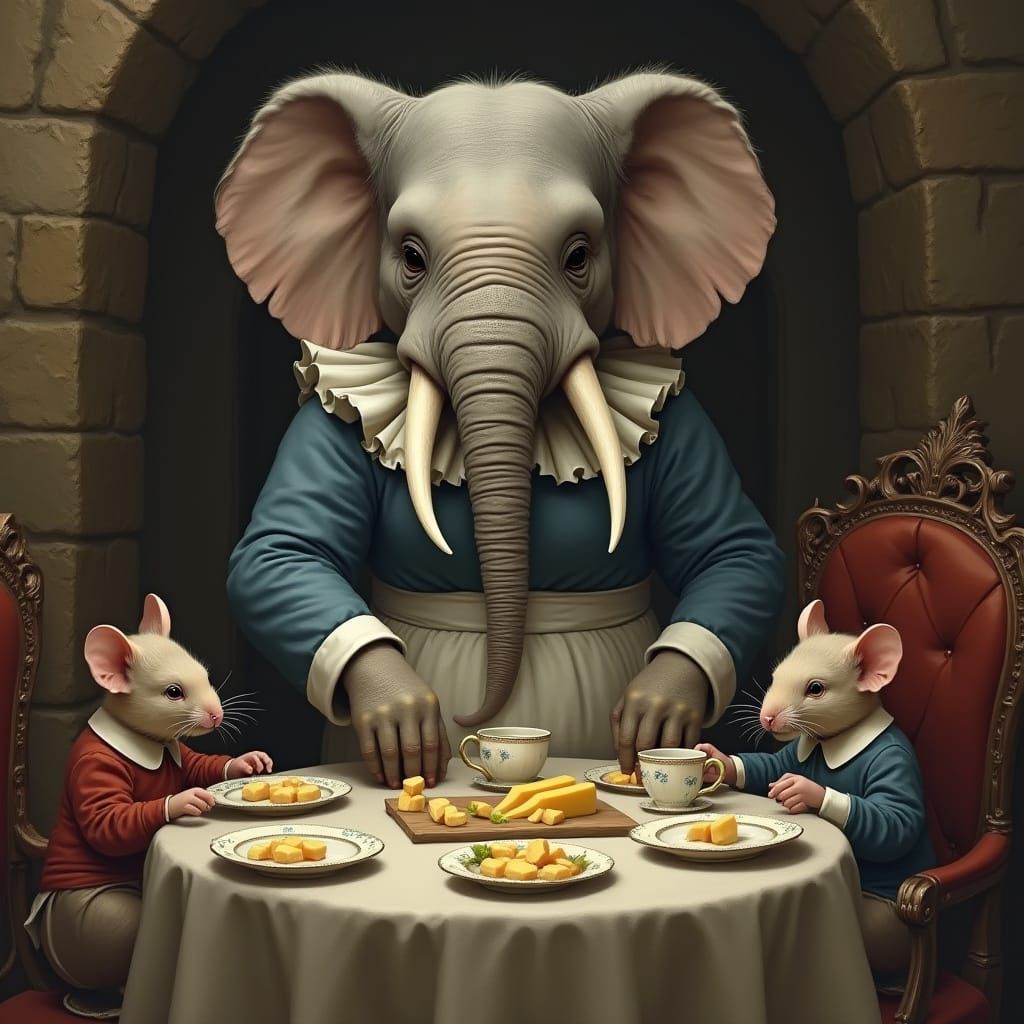 Anthropomorphic Elephant Maid Cleaning Mouse Den
