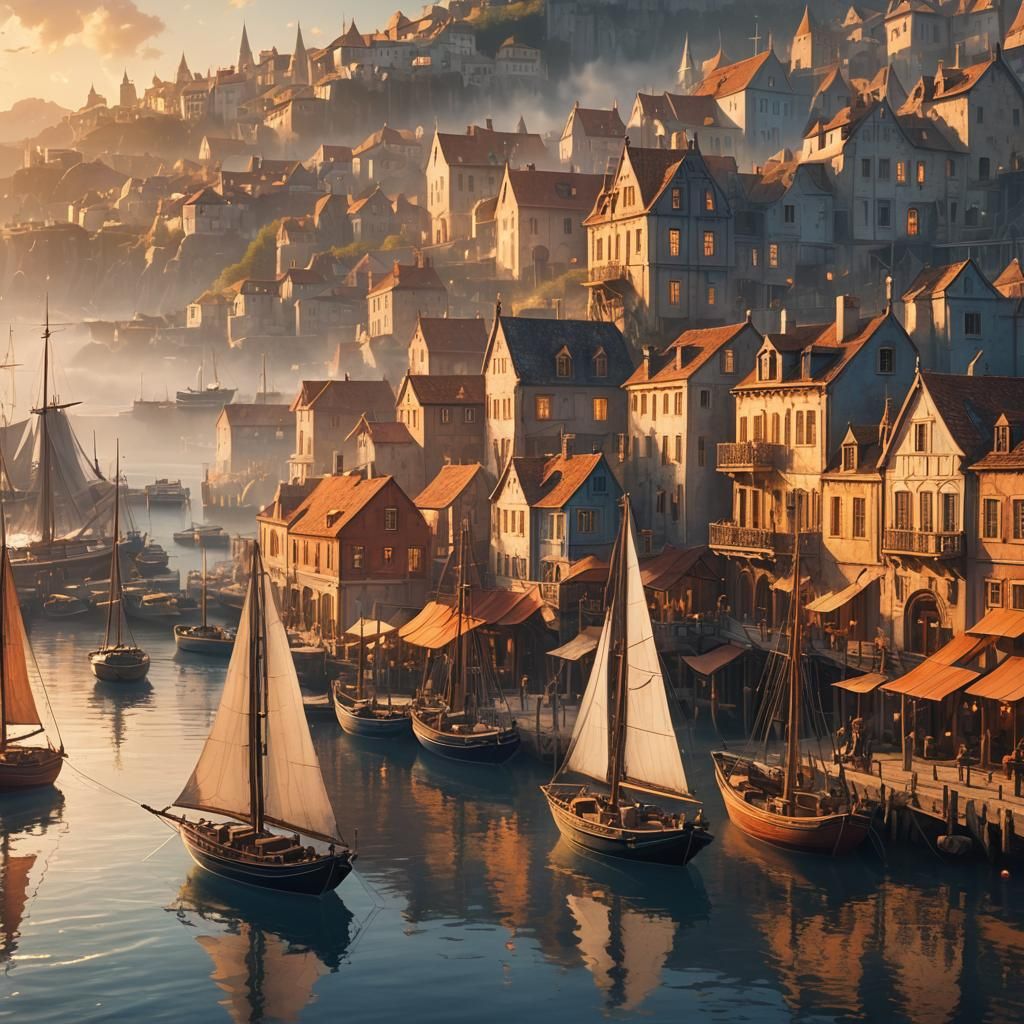 Sailing Boats Arriving at Historic Port: Fantasy Concept Art