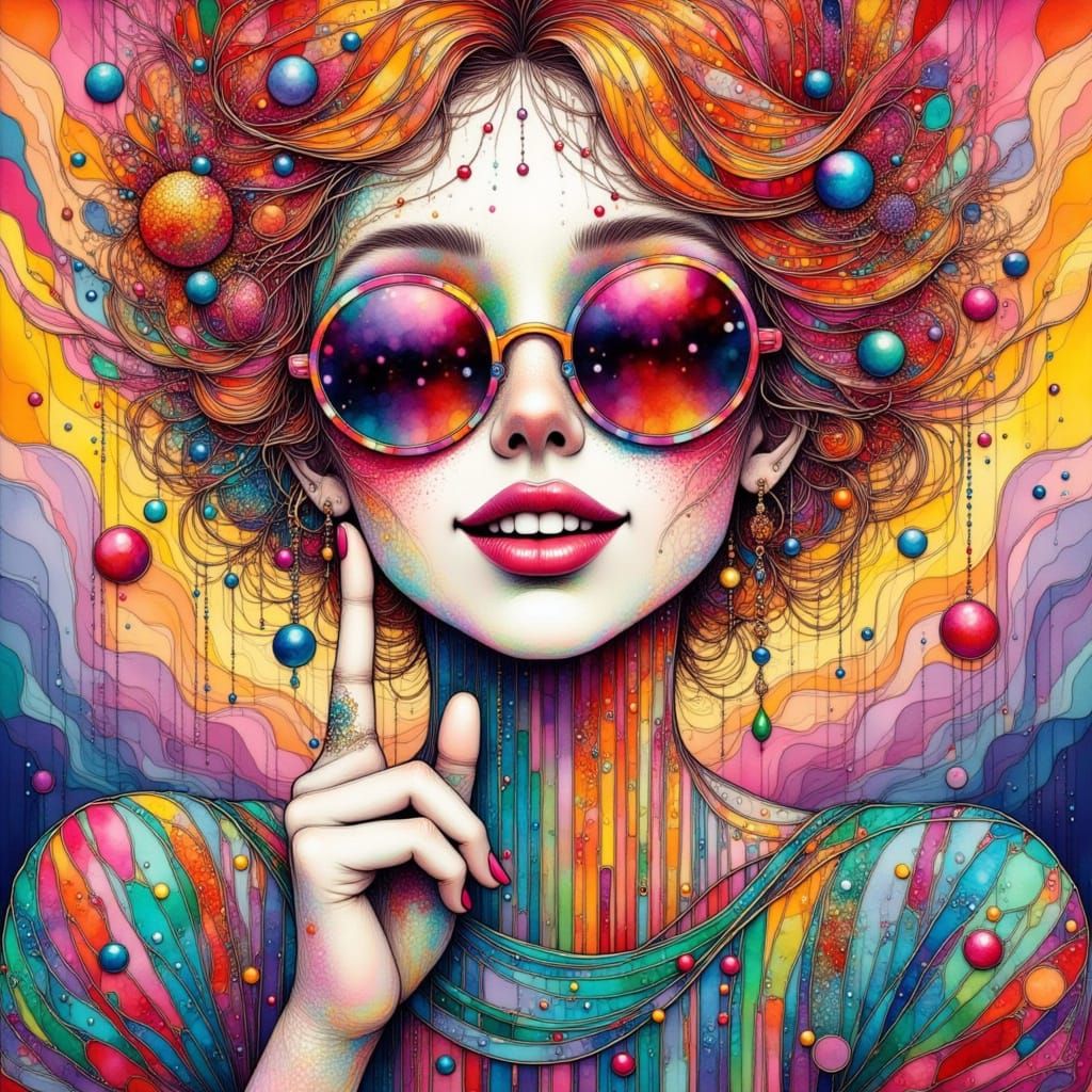 Vibrant Digital Painting of Smiling Face in Bold Lines and B...