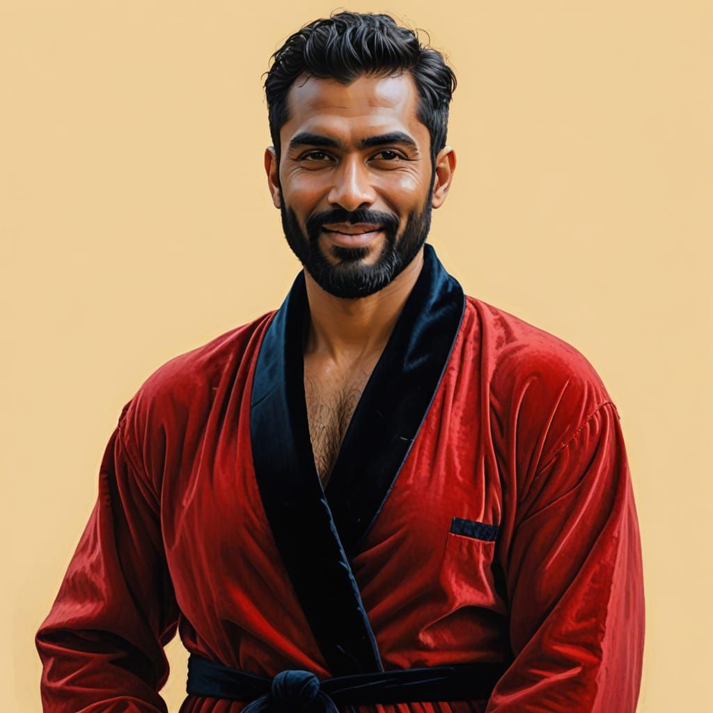 Smiling Man in Velvet Robe, Impasto Painting