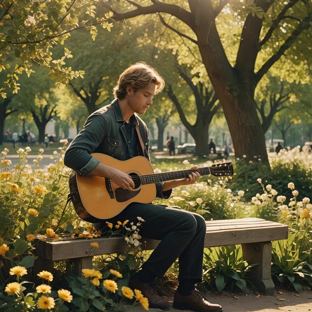 Man with Guitar in Sunlit Park: 35mm Film Aesthetic