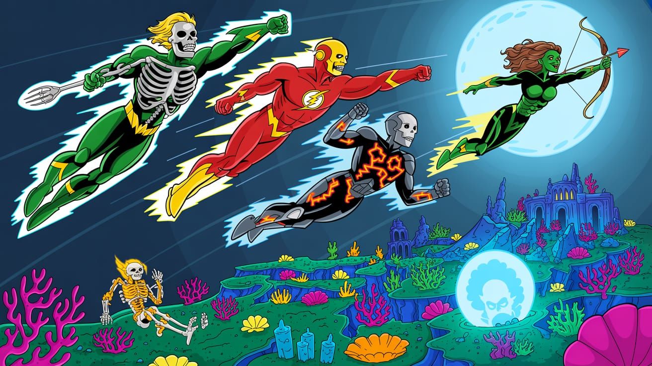 Skeleton Justice League of America over a city.