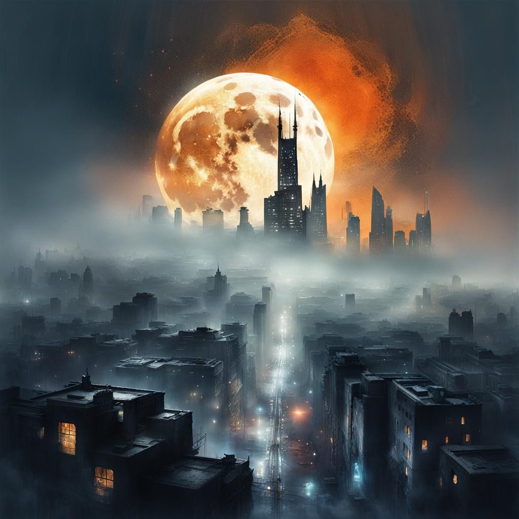 Futuristic City Under Blood Moon in Ethereal Style