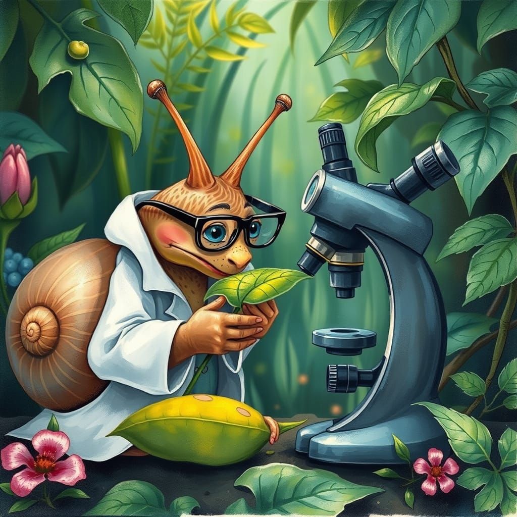 Snail Scientist in Storybook Alcohol Ink Illustration