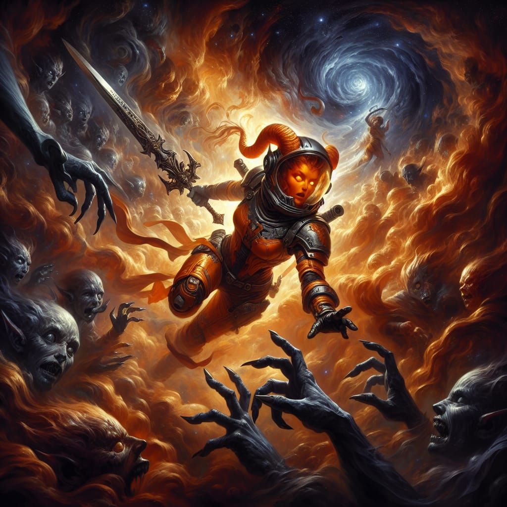 Space Knight's Descent: A Tenebrism-Style Underworld Battle