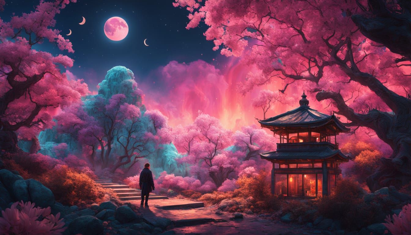 Surrealistic Spiral Dance of Seasons in a Japanese Garden