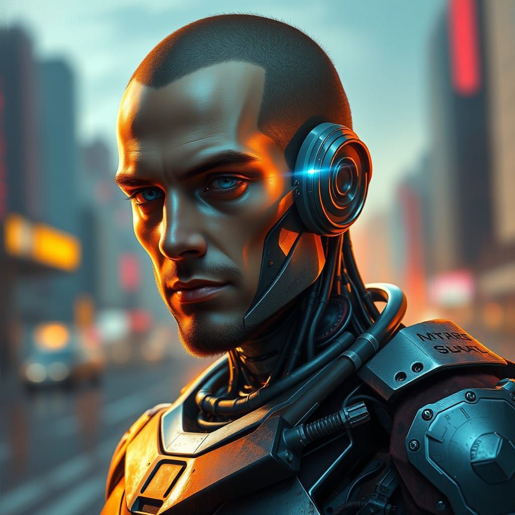Cyborg: Confident Half-Machine Hero in Cityscape