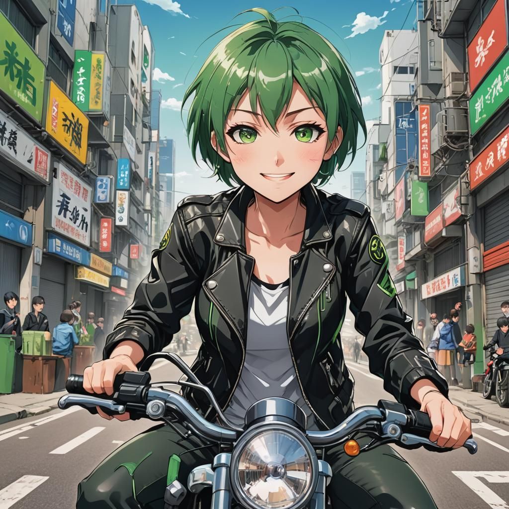 Anime Girl on Motorbike in Manga Style