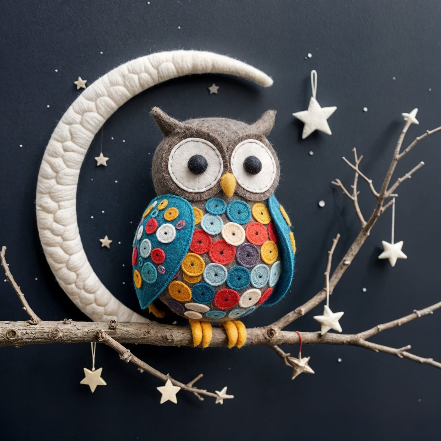 A round owl made from felt circles and ovals, perched on a f...