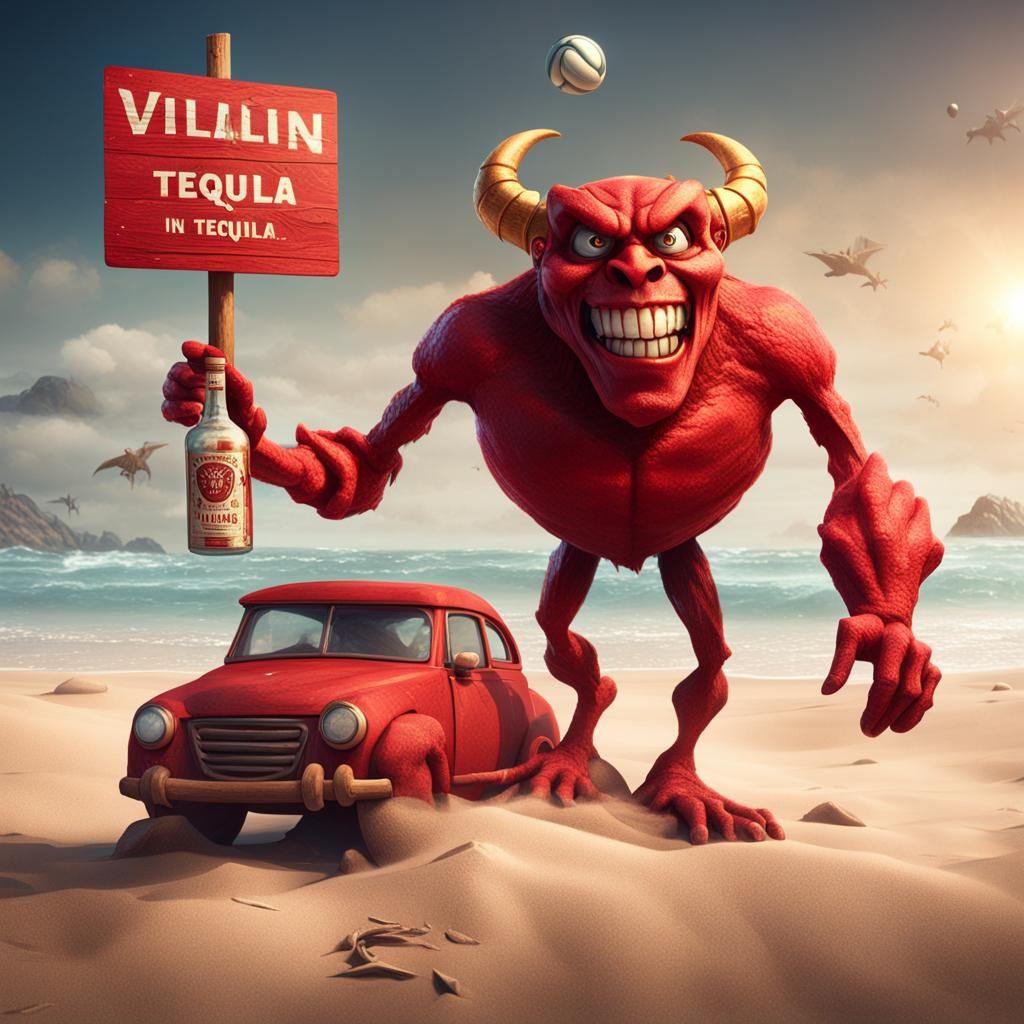 Skinny Red Devil on Sandy Beach: Fantasy Art
