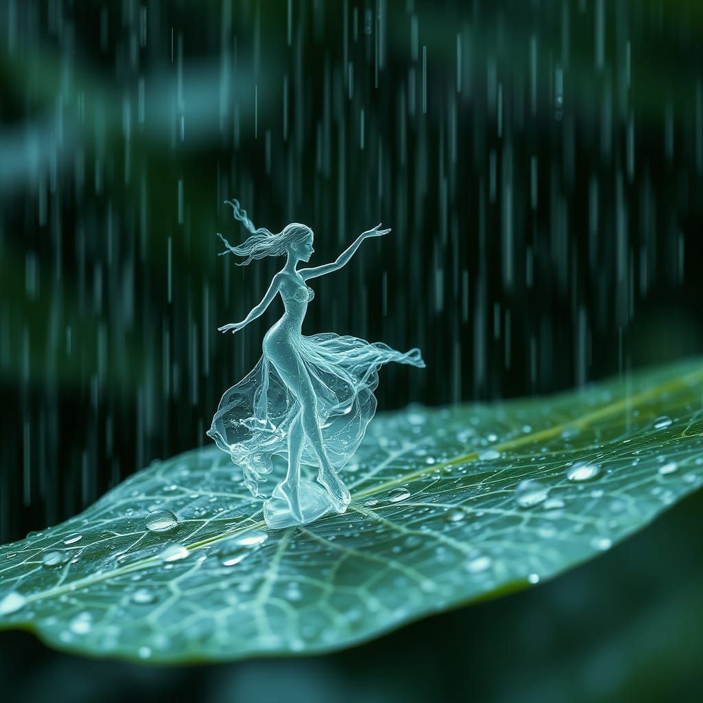 Ethereal Woman Dances on Rainy Leaf in Delicate, Translucent...