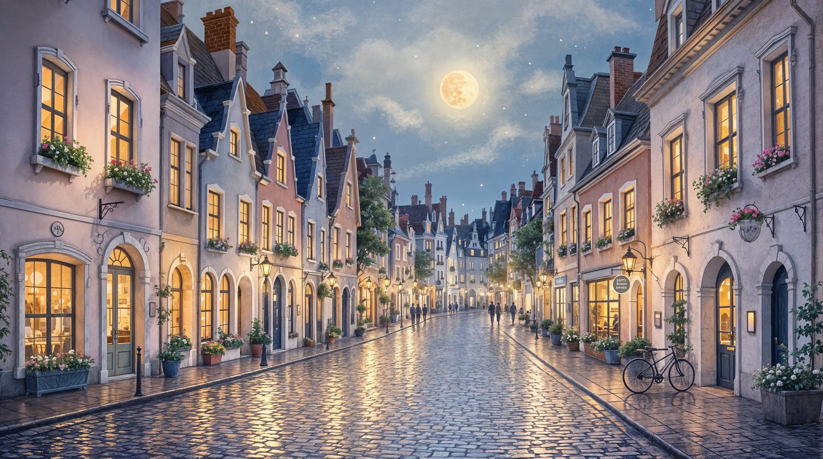Dreamy European Street Scene at Night