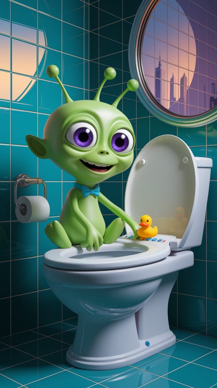 Cheerful Green Alien on Toilet: 3D Cartoon Animation